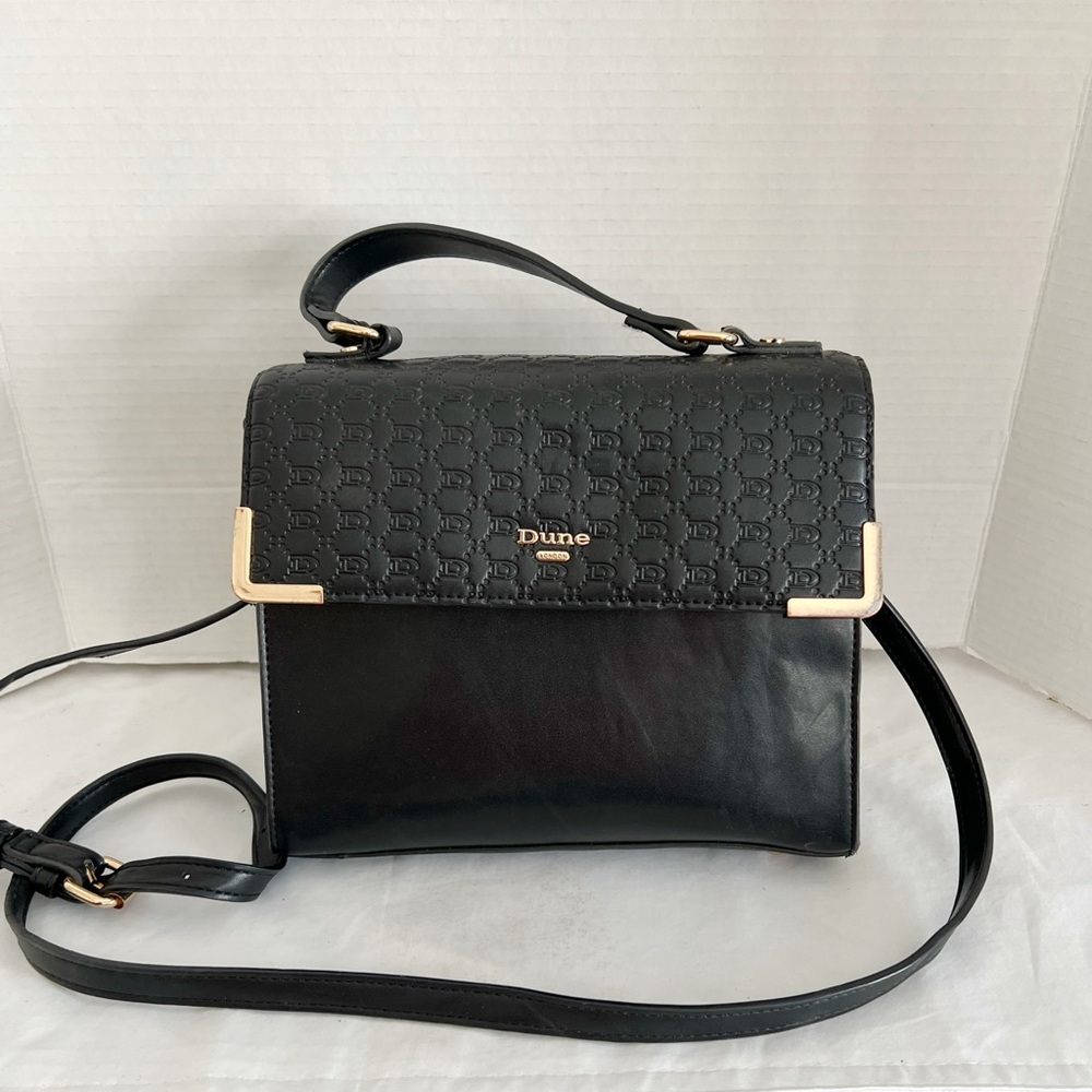 Dune London Black Vegan Monogrammed Flap Crossbody Satchel bag
